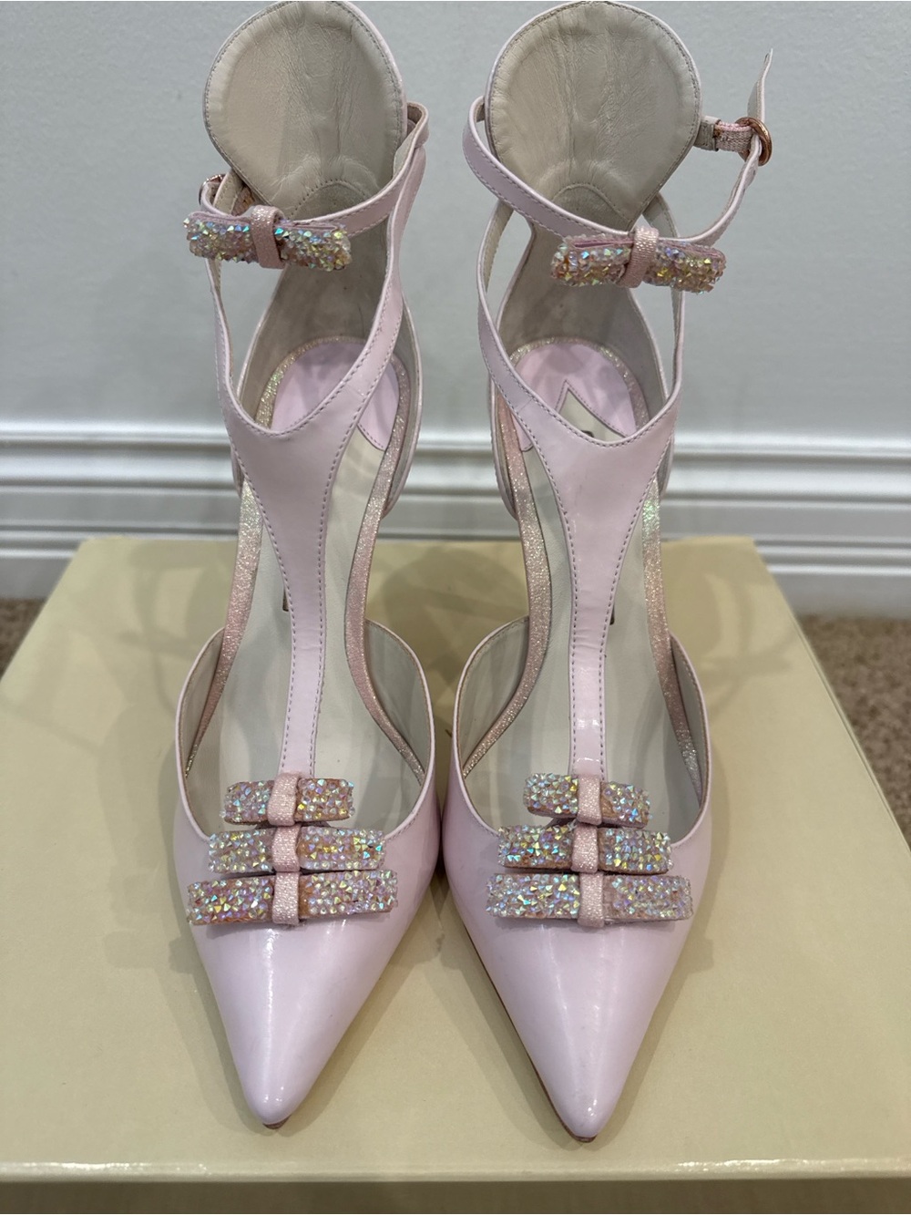 Sophia Webster Pink Crystal Bow Bridal Heels EU37 Wedding Pumps Cinderella Shoes